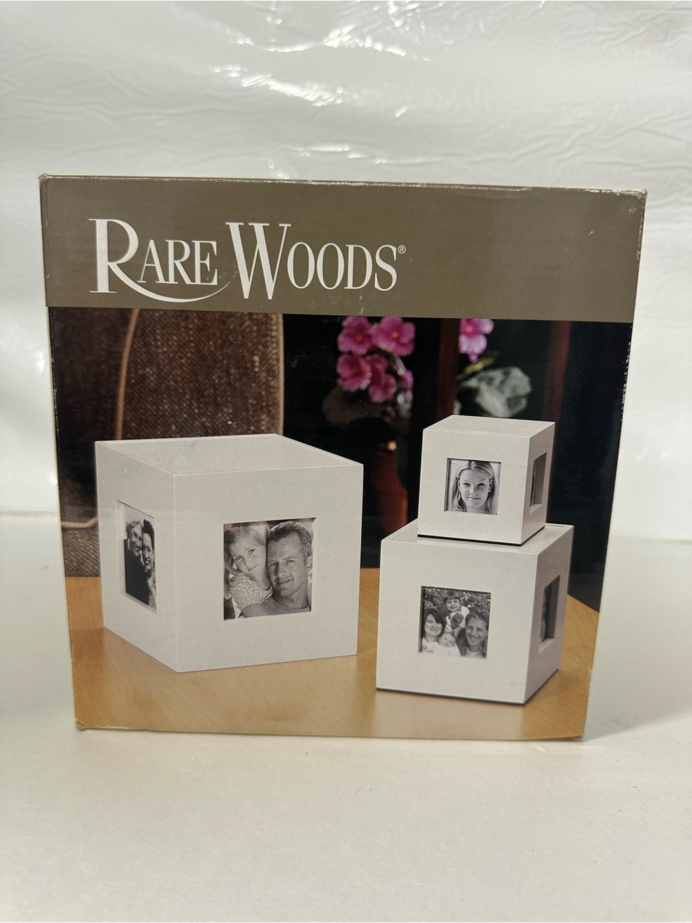 NIB Rare Woods White Wooden Photo Cube Picture Frame Set